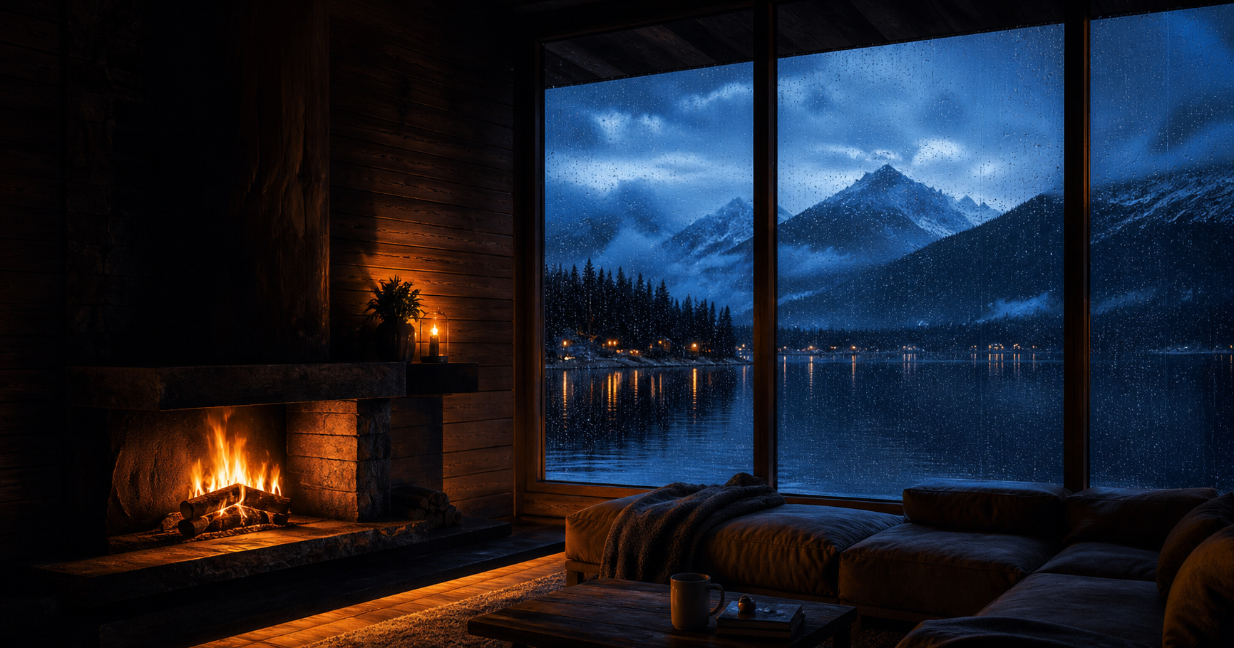 A calm atmospheric interior overlooking a quiet landscape