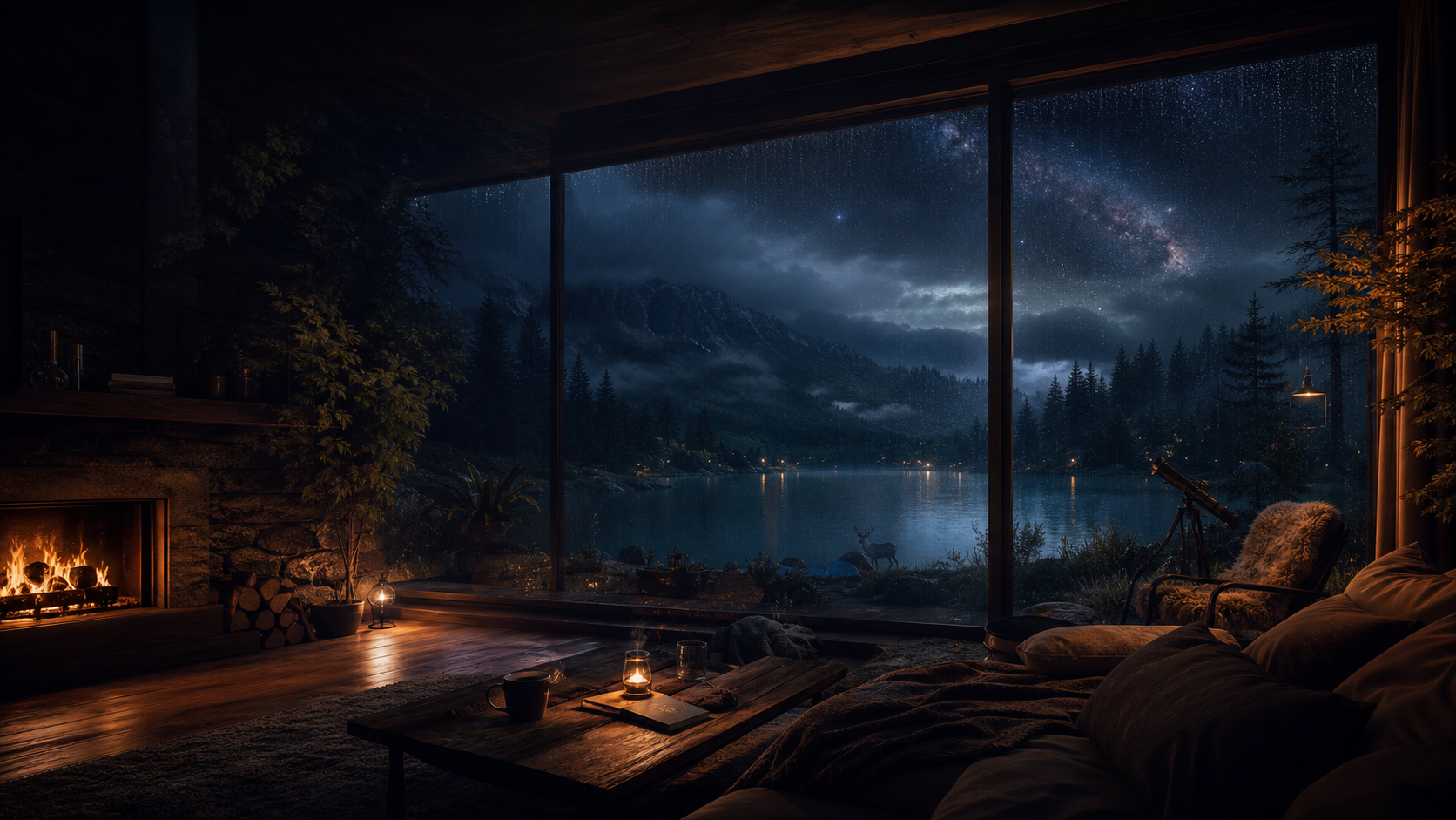 A warm cinematic room overlooking a quiet lake and mountains at night