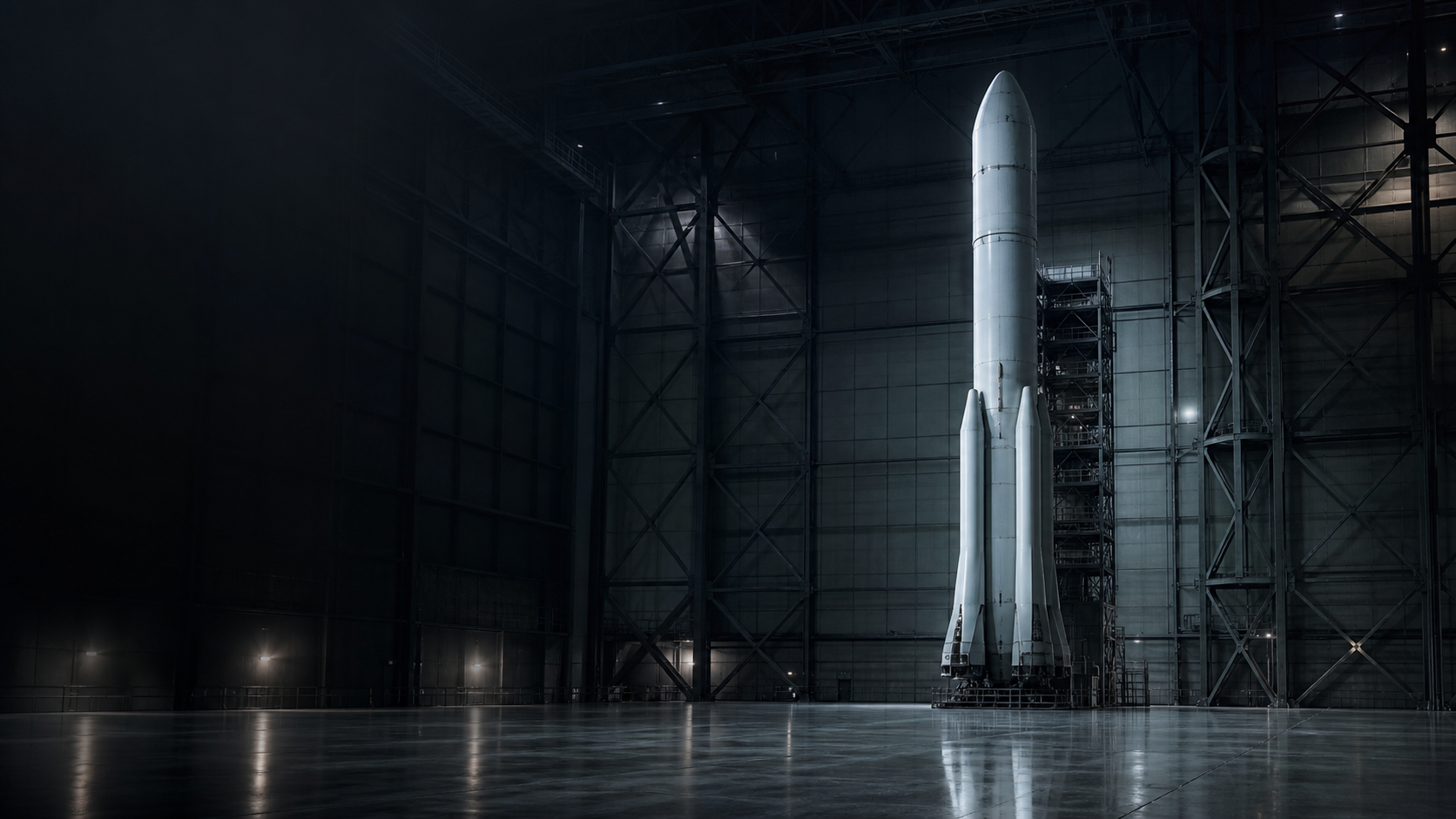 A silent rocket standing inside a vast empty aerospace hangar